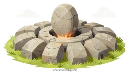 Ilustracion vector 3d isometrica circulo piedras grises piedra agrietada levantada centro luz naranja dorada interior hierba verde fondo blanco cuadrado plano general resurreccion pascual moderna