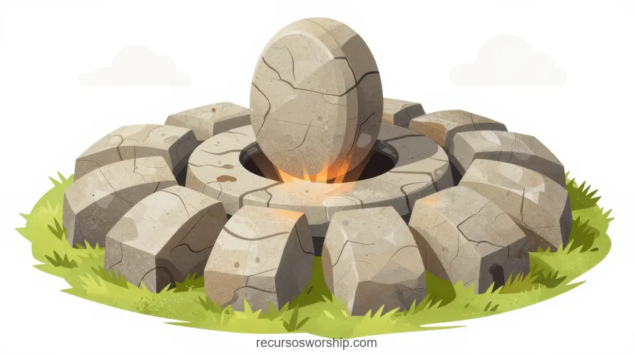 Ilustración Vector 3D Isométrico Círculo Piedras Gris Roca Levantada Luz Naranja Dorada Interior Hierba Ilustracion vector 3d isometrica circulo piedras grises piedra agrietada levantada centro luz naranja dorada interior hierba verde fondo blanco cuadrado plano general resurreccion pascual moderna