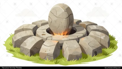 Ilustracion vector 3d isometrica circulo piedras grises piedra agrietada levantada centro luz naranja dorada interior hierba verde fondo blanco cuadrado plano general resurreccion pascual moderna