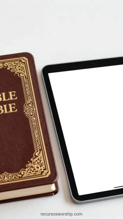 Biblia marrón rojizo con ornamentación dorada victoriana junto a tablet iPad pantalla blanca sobre fondo blanco liso vertical