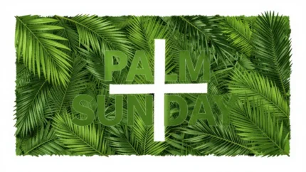 Composicion horizontal hojas palma verde intenso superpuestas fondo texto palm sunday verde oscuro cruz blanca grande centrada vector tipografico festivo moderno domingo ramos