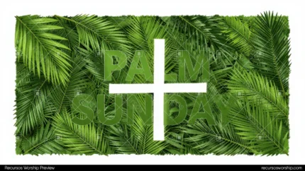 Composicion horizontal hojas palma verde intenso superpuestas fondo texto palm sunday verde oscuro cruz blanca grande centrada vector tipografico festivo moderno domingo ramos