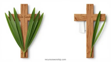 Diptico vectorial horizontal ramo palmas verdes texto palm sunday dorado cruz madera rustica tela blanca colgante palma base fondo blanco limpio elegante semana santa dual