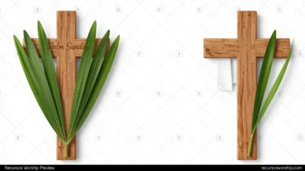 Diptico vectorial horizontal ramo palmas verdes texto palm sunday dorado cruz madera rustica tela blanca colgante palma base fondo blanco limpio elegante semana santa dual