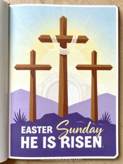 Ilustracion vector tres cruces madera marrones colina morada lavanda luz blanca dorada cruz central tela blanca texto easter sunday he is risen tipografia dorada blanca fondo morado vertical proclamacion