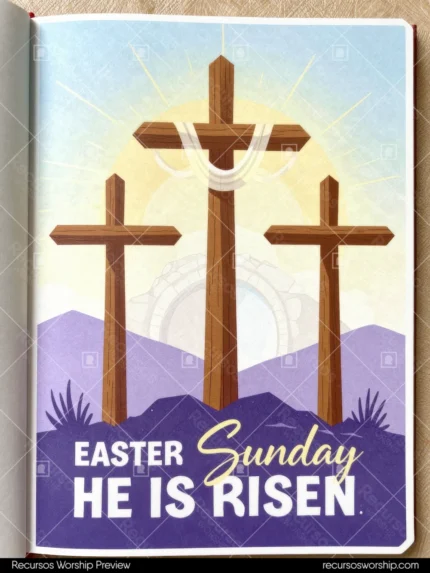 Ilustracion vector tres cruces madera marrones colina morada lavanda luz blanca dorada cruz central tela blanca texto easter sunday he is risen tipografia dorada blanca fondo morado vertical proclamacion