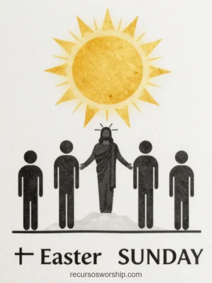 Ilustracion vector minimalista pictograma jesus central corona espinas halo cuatro figuras humanas negras sol dorado texto easter sunday fondo beige claro vertical amigable inclusivo moderno