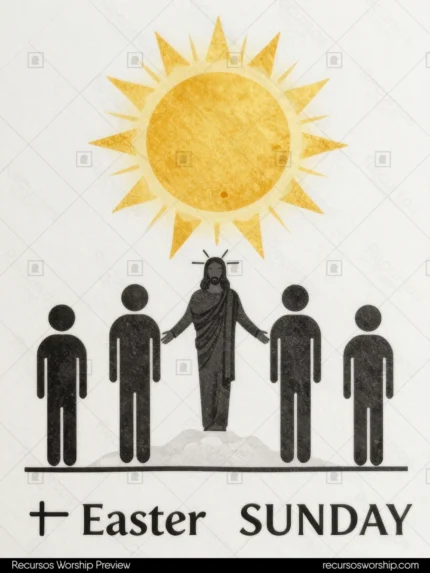 Ilustracion vector minimalista pictograma jesus central corona espinas halo cuatro figuras humanas negras sol dorado texto easter sunday fondo beige claro vertical amigable inclusivo moderno