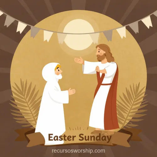 Ilustración Jesús Resucitado Extendiendo Mano Niña Hiyab Blanco Fondo Dorado Easter Sunday Banderines Ilustracion vector amigable jesus resucitado tunica blanca extendiendo mano nina pequena hiyab blanco fondo circular dorado luna banderines palmas easter sunday beige cuadrado tierno inclusivo pascua