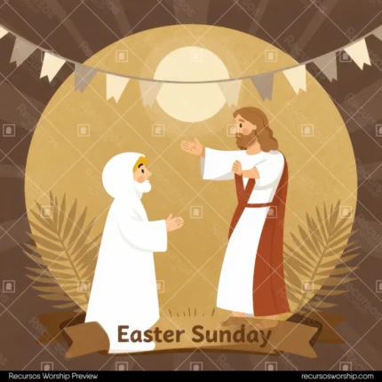 Ilustracion vector amigable jesus resucitado tunica blanca extendiendo mano nina pequena hiyab blanco fondo circular dorado luna banderines palmas easter sunday beige cuadrado tierno inclusivo pascua