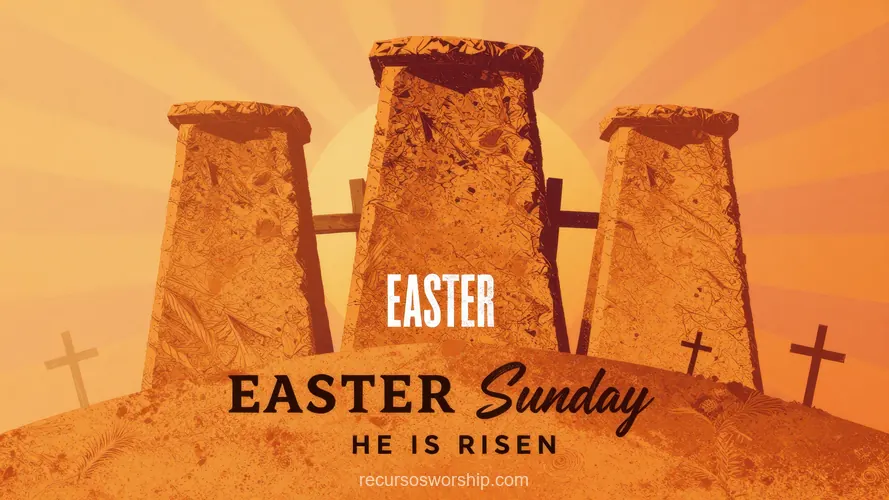 Poster Easter Sunday He Is Risen Tres Tumbas Naranja Dorado Cruces Rayos Luz Tipografía Mixta Composicion horizontal tres losas piedra tumba naranja dorado intenso cruces pequenas negras texto easter sunday he is risen tipografia mixta fondo rayos luz naranja sol proclamacion impacto