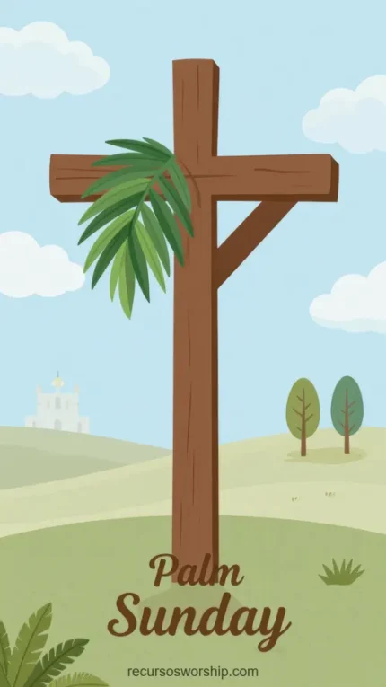 Ilustracion vector vertical minimalista cruz madera grande palma verde colina verde iglesia blanca fondo arboles cielo azul nubes texto palm sunday cursiva marrón pastoral sereno