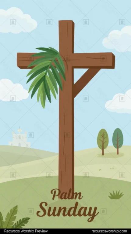 Ilustracion vector vertical minimalista cruz madera grande palma verde colina verde iglesia blanca fondo arboles cielo azul nubes texto palm sunday cursiva marrón pastoral sereno