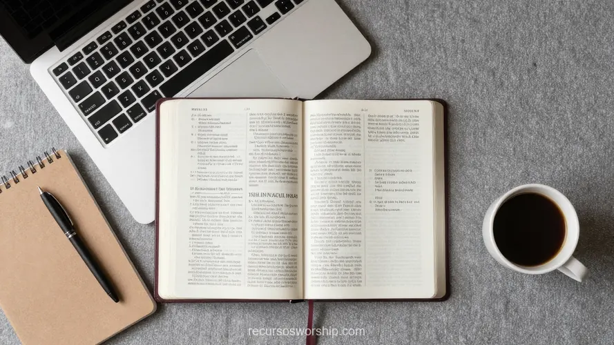 Biblia Abierta con Café y Laptop en Escritorio Devocional Matutino Escritorio con Biblia abierta al centro laptop gris cuaderno espiral marrón y taza de café sobre concreto gris texturizado vista cenital