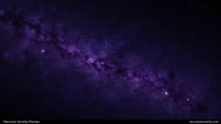 Via Lactea fotorrealista banda galactica violeta purpura intensa diagonal cielo negro estrellado denso horizontal cosmico contemplativo espiritual gloria creacion dios ministerial