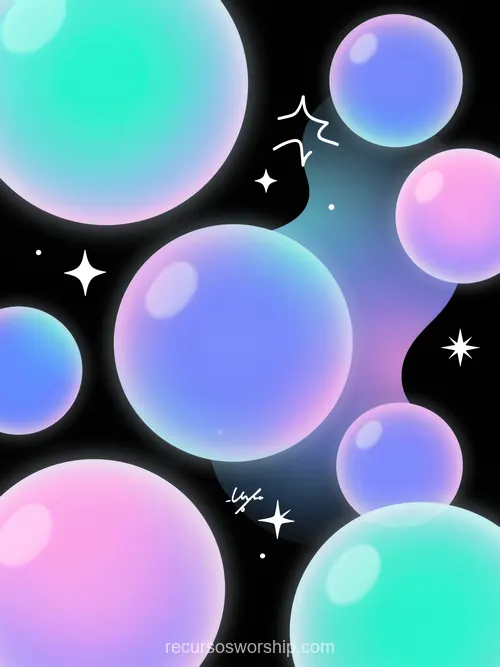 Burbujas Esféricas Holográficas Iridiscentes Rosa Cian Verde Lavanda Fondo Negro Estrellas Blancas Vertical Burbujas esfericas holograficas iridiscentes rosa cian verde lavanda tamaños variados fondo negro profundo estrellas cuatro puntas blancas vertical ludico pop festivo ministerial juvenil