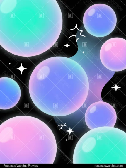 Burbujas esfericas holograficas iridiscentes rosa cian verde lavanda tamaños variados fondo negro profundo estrellas cuatro puntas blancas vertical ludico pop festivo ministerial juvenil
