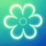 Flor seis petalos delineada neon blanco cian luminosa centrada fondo degradado verde lima azul marino vertical fresca vitalidad floral contemporanea juvenil ministerial creacion