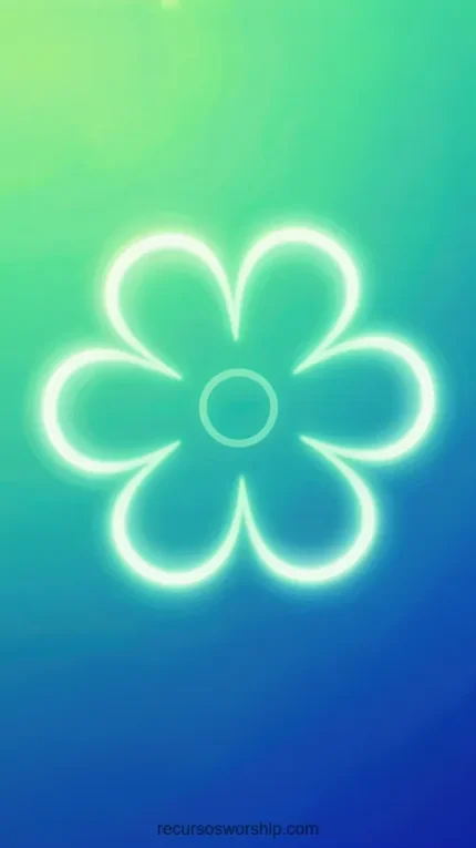 Flor seis petalos delineada neon blanco cian luminosa centrada fondo degradado verde lima azul marino vertical fresca vitalidad floral contemporanea juvenil ministerial creacion