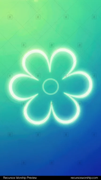 Flor seis petalos delineada neon blanco cian luminosa centrada fondo degradado verde lima azul marino vertical fresca vitalidad floral contemporanea juvenil ministerial creacion