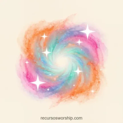 Galaxia espiral acuarela pastel naranja cian turquesa rosa lavanda estrellas cuatro puntas blancas fondo beige crema cuadrado cosmica suave delicada artistica fantasía ministerial creacion