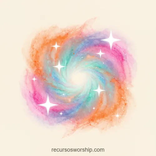 Galaxia Espiral Acuarela Pastel Naranja Cian Rosa Lavanda Estrellas Blancas Fondo Beige Crema Cuadrado Galaxia espiral acuarela pastel naranja cian turquesa rosa lavanda estrellas cuatro puntas blancas fondo beige crema cuadrado cosmica suave delicada artistica fantasía ministerial creacion