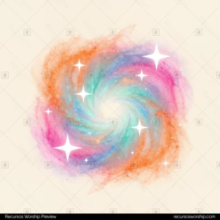 Galaxia espiral acuarela pastel naranja cian turquesa rosa lavanda estrellas cuatro puntas blancas fondo beige crema cuadrado cosmica suave delicada artistica fantasía ministerial creacion
