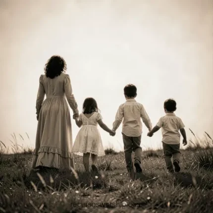 Madre espaldas vestido largo tomada mano tres niños caminando campo abierto cielo palido tonos sepia cinematografico cuadrado general poetico nostalgico