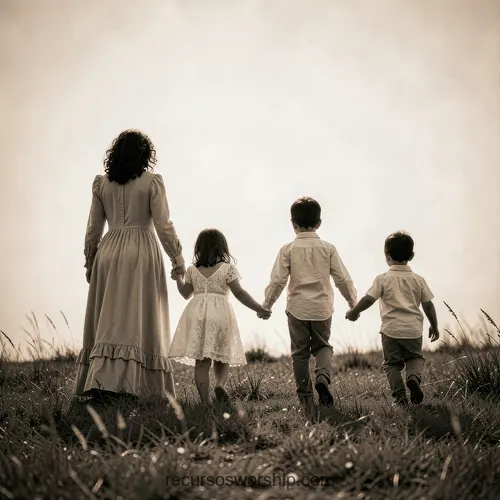 Madre con Tres Hijos de Espaldas Caminando en Campo Abierto Sepia Poético Madre espaldas vestido largo tomada mano tres niños caminando campo abierto cielo palido tonos sepia cinematografico cuadrado general poetico nostalgico