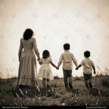 Madre espaldas vestido largo tomada mano tres niños caminando campo abierto cielo palido tonos sepia cinematografico cuadrado general poetico nostalgico