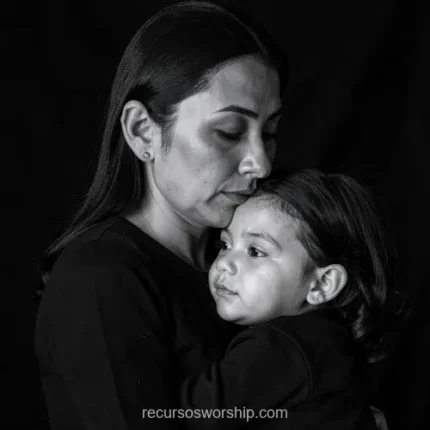 Retrato blanco y negro madre morena cabello recogido sosteniendo hija pequeña abrazo intimo ojos cerrados fondo negro profundo cuadrado artistico emotivo
