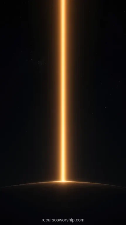 Pilar rayo vertical luz dorada naranja brillante horizonte tierra oscura fondo negro profundo vertical cinematografico celestial dramatico solemne gloria dios ministerial presencia