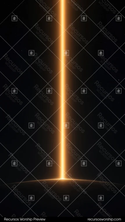 Pilar rayo vertical luz dorada naranja brillante horizonte tierra oscura fondo negro profundo vertical cinematografico celestial dramatico solemne gloria dios ministerial presencia