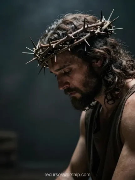 Representación cinematográfica de Cristo con corona de espinas grande cabeza inclinada sufrimiento cabello oscuro rizado fondo grisáceo dramático