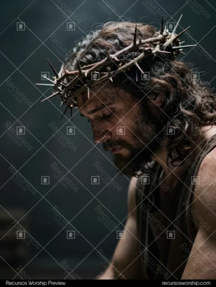 Representación cinematográfica de Cristo con corona de espinas grande cabeza inclinada sufrimiento cabello oscuro rizado fondo grisáceo dramático