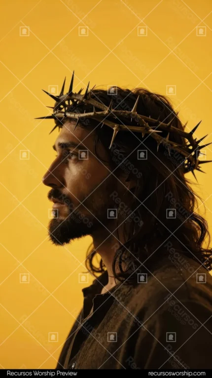 Perfil lateral de figura con cabello oscuro largo barba y corona de espinas sobre fondo amarillo vibrante brillante vertical formato móvil