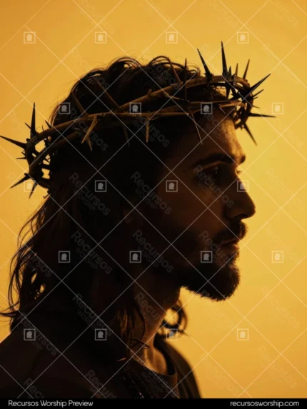 Perfil lateral de figura con cabello oscuro largo barba y corona de espinas sobre fondo amarillo naranja cálido saturado vertical formato móvil devocional