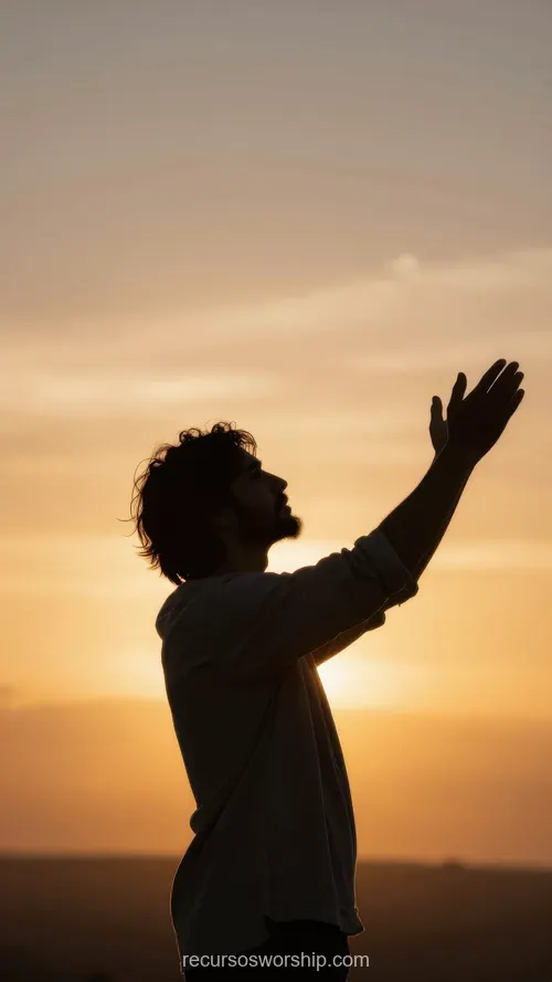 Silueta de Adoración con Brazos Alzados contra Atardecer Dorado Silueta oscura de hombre de pie con brazos extendidos alzados en adoracion contra cielo atardecer dorado naranja horizonte amplio vertical