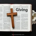Biblia abierta página con título Giving en grande con cruz de madera y monedas billetes dispersos en esquina sobre fondo oscuro cenital