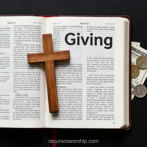 Biblia Abierta en Página Giving con Cruz y Monedas Biblia abierta página con título Giving en grande con cruz de madera y monedas billetes dispersos en esquina sobre fondo oscuro cenital