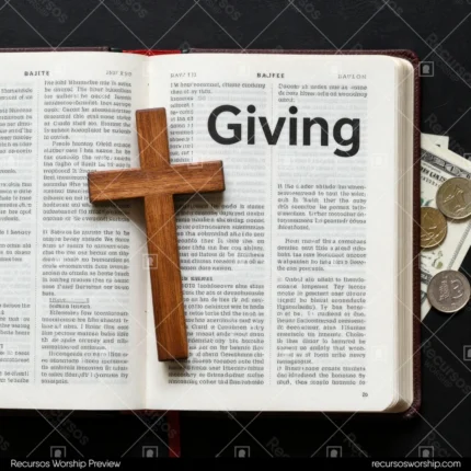 Biblia abierta página con título Giving en grande con cruz de madera y monedas billetes dispersos en esquina sobre fondo oscuro cenital