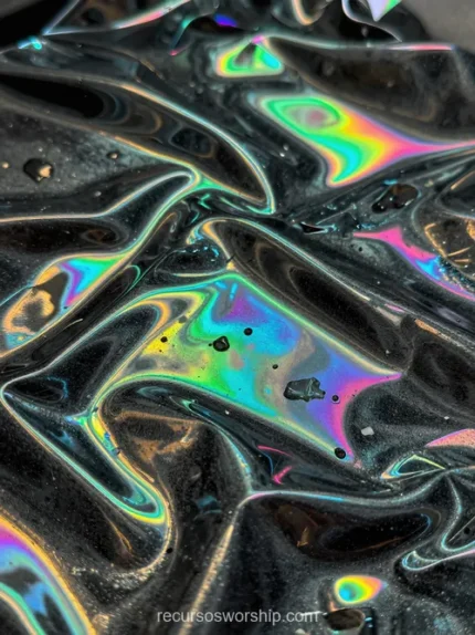 Superficie holografica metalica negra iridiscencia arcoiris multicolor verde cian violeta naranja azul pliegues ondulaciones vertical premium lujo contemporaneo sofisticado ministerial