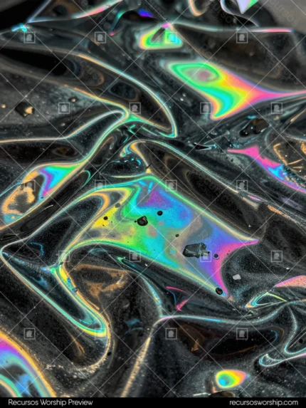 Superficie holografica metalica negra iridiscencia arcoiris multicolor verde cian violeta naranja azul pliegues ondulaciones vertical premium lujo contemporaneo sofisticado ministerial