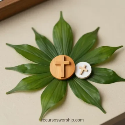 Flat lay cenital hoja palma verde abanico dos fichas redondas artesanales madera cruz grabada blanca nacar superficie beige calida cuadrado minimalista elegante domingo ramos artesanal