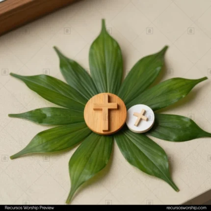 Flat lay cenital hoja palma verde abanico dos fichas redondas artesanales madera cruz grabada blanca nacar superficie beige calida cuadrado minimalista elegante domingo ramos artesanal