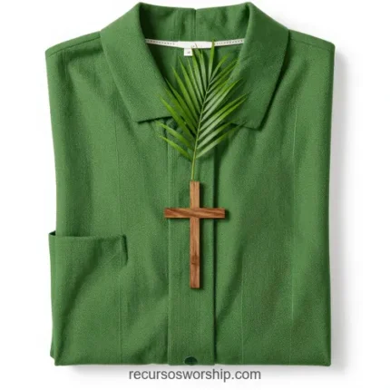 Flat lay cenital alba liturgica verde doblada fondo blanco rama palma verde cruz pequena madera rustica tejido cuadrado minimalista limpio identidad liturgica domingo ramos semana santa