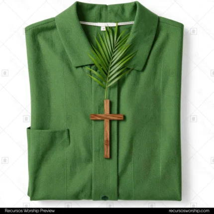 Flat lay cenital alba liturgica verde doblada fondo blanco rama palma verde cruz pequena madera rustica tejido cuadrado minimalista limpio identidad liturgica domingo ramos semana santa