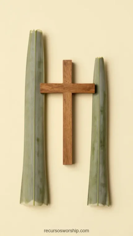 Flat lay vertical dos hojas palma verde grisaceas largas paralelas flanqueando cruz madera rustica marrón centrada fondo beige crema cenital simetrico minimalista elegante domingo ramos