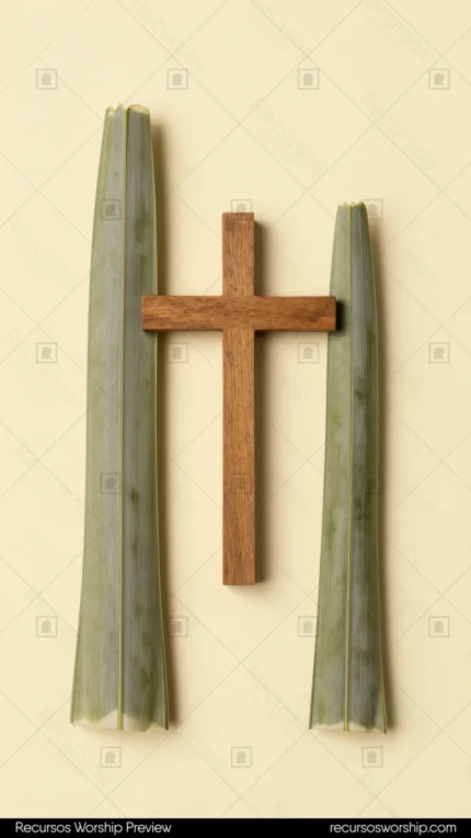Flat lay vertical dos hojas palma verde grisaceas largas paralelas flanqueando cruz madera rustica marrón centrada fondo beige crema cenital simetrico minimalista elegante domingo ramos