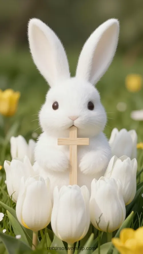 Conejo Blanco Esponjoso Cruz Madera Dorada Tulipanes Blancos Amarillos Campo Verde Bokeh Pascua Tierna Conejo blanco esponjoso sosteniendo pequena cruz madera dorada flores tulipan blancas amarillas campo verde fondo bokeh vertical plano americano calido tierno festivo pascua infantil familiar